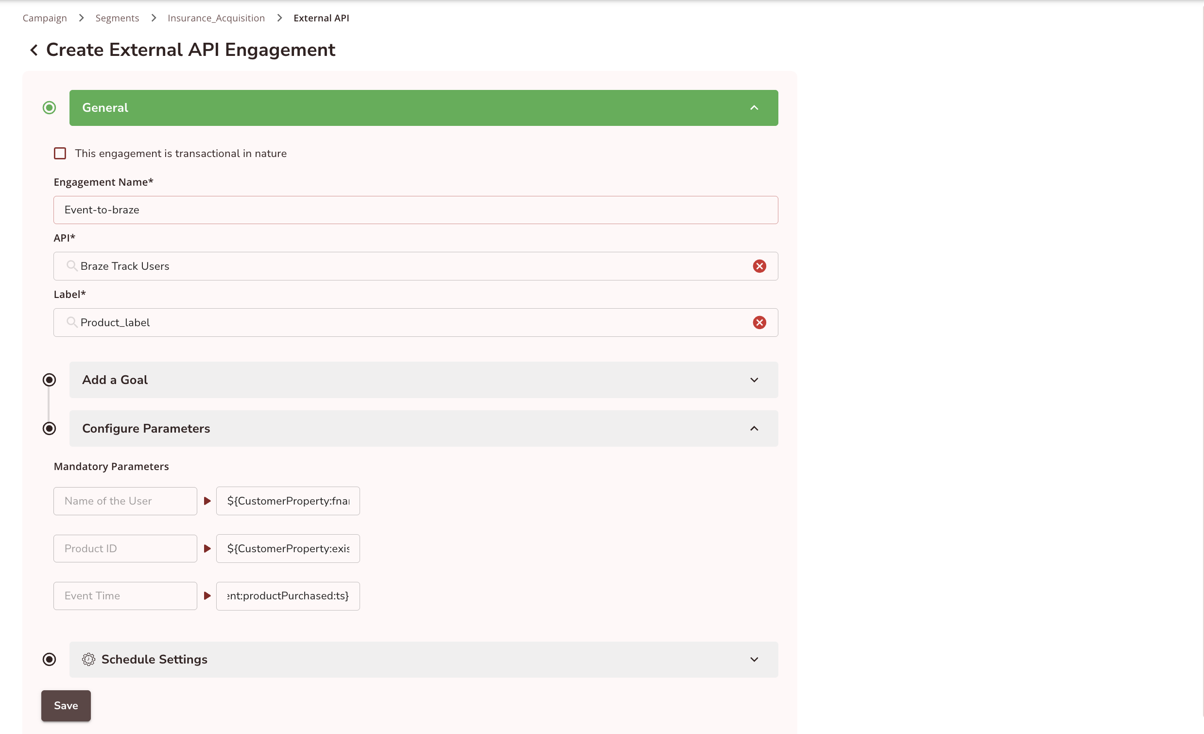 Creating an engagement to send user data to Braze