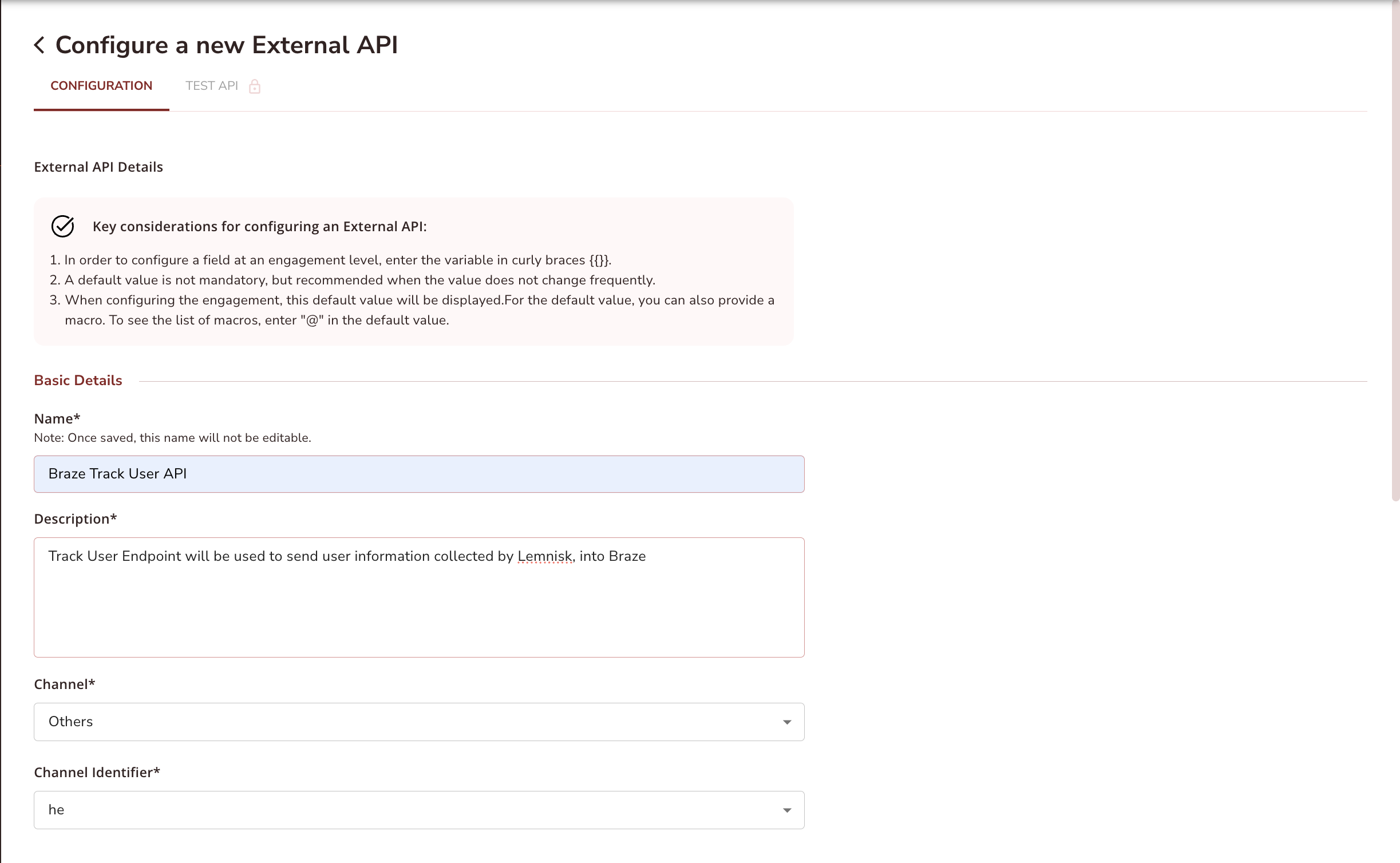Entering basic configuration details for a new External API in Lemnisk