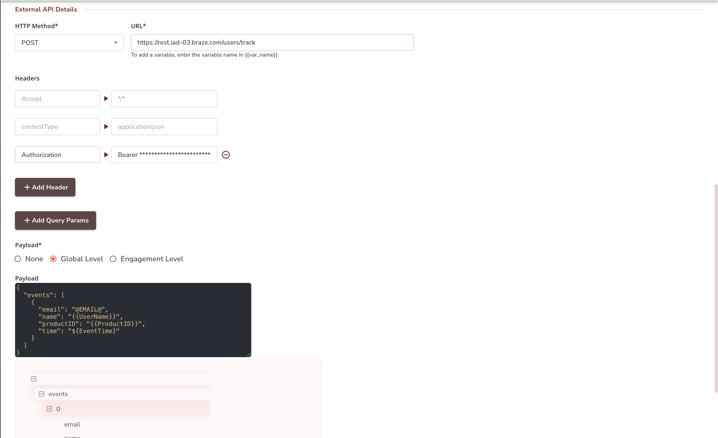Filling out the External API endpoint and payload details