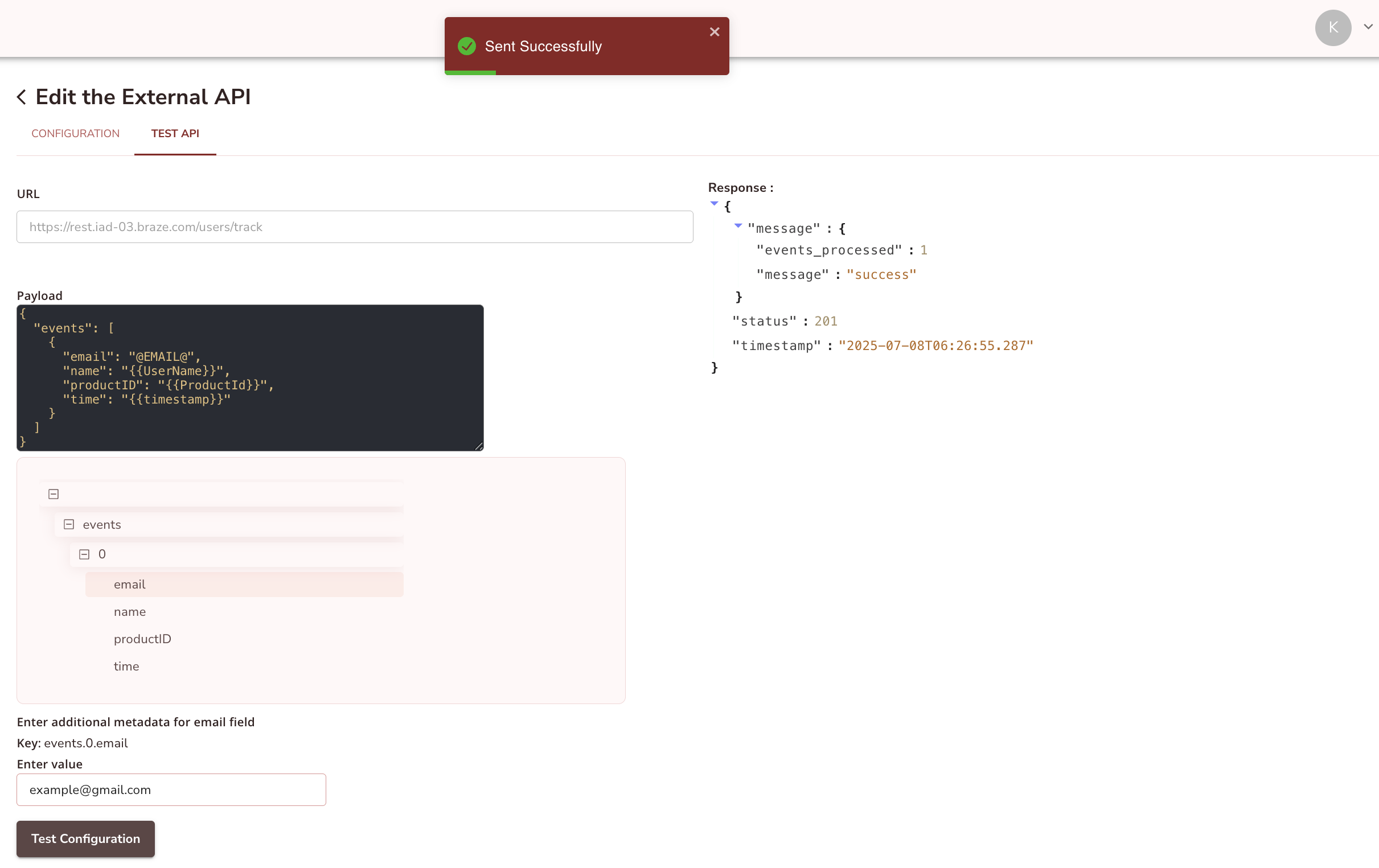 Testing an External API configuration with a sample payload and success response