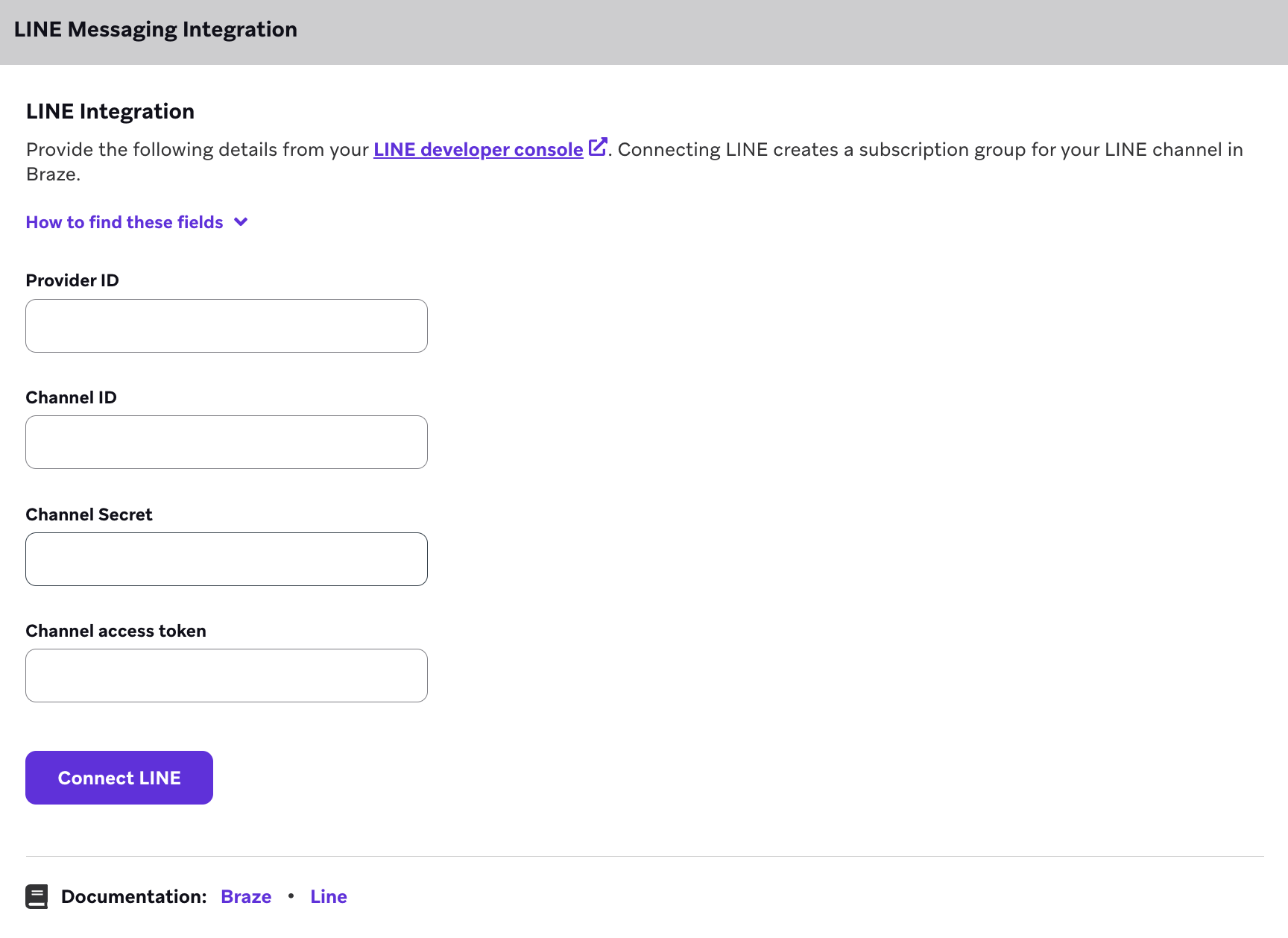 LINE messaging integration page with LINE integration section.