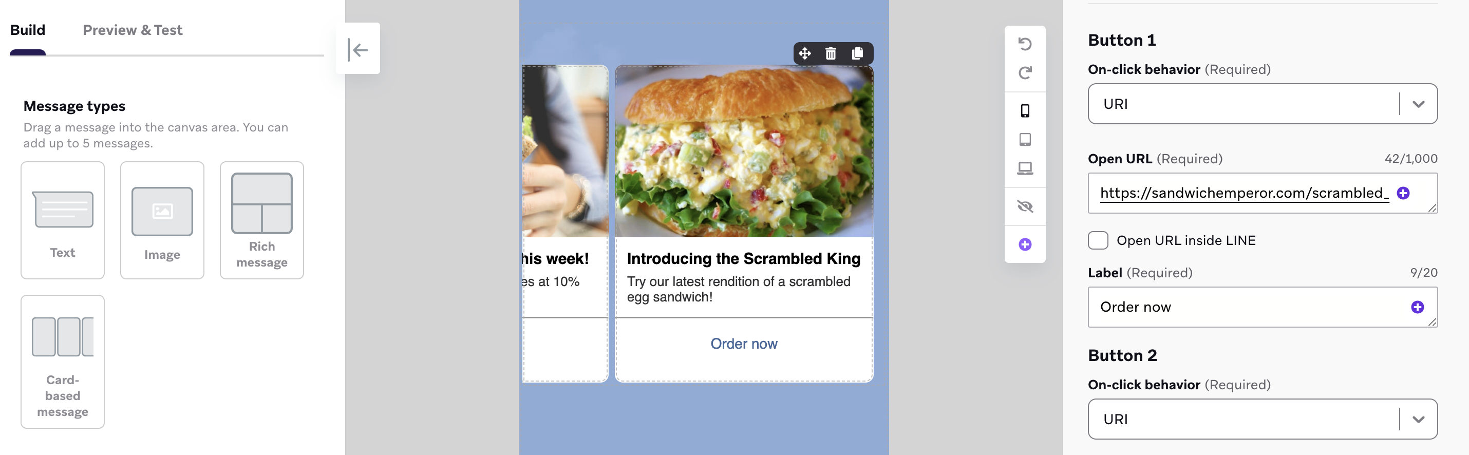 A card-based message with at least two cards that promote sandwiches in the composer editor.