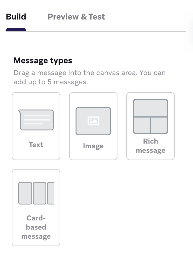 Message types panel with message types to drag into the composer editor, including text, image, rich message, and card-based message.