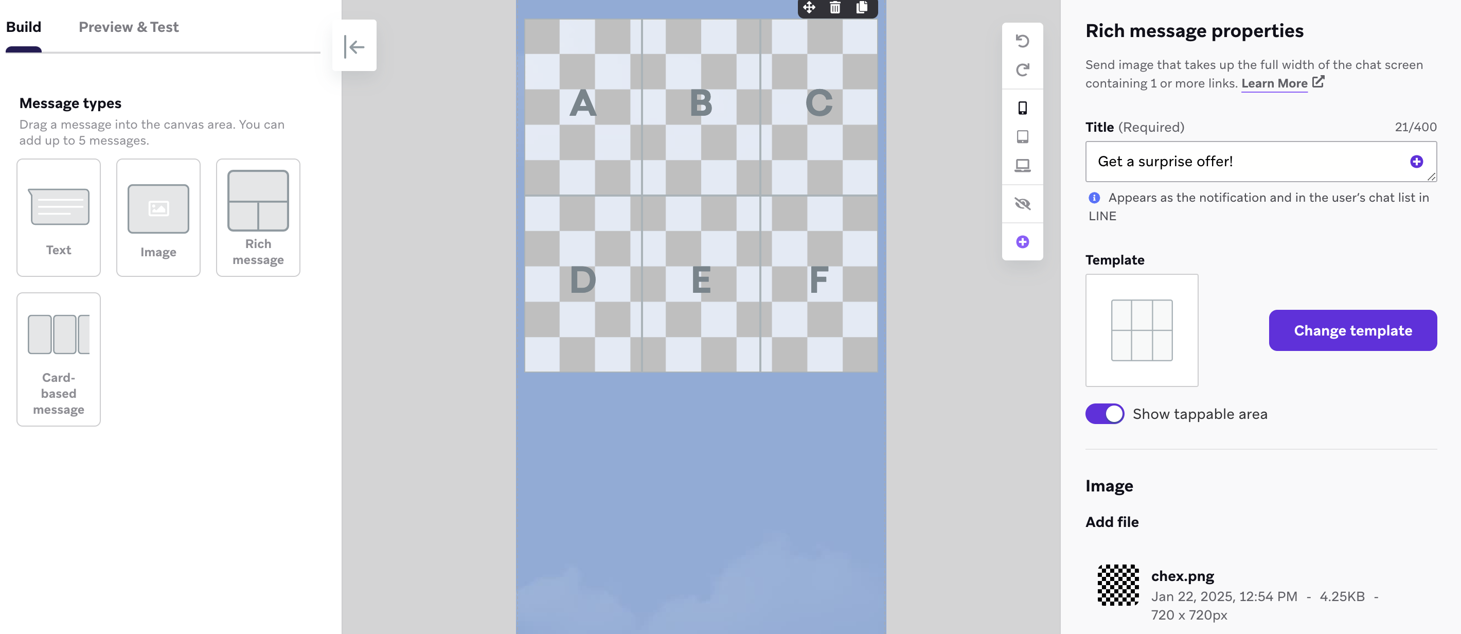 A six-square rich message with a photo of a black-and-white grid that users can tap to receive a random offer.