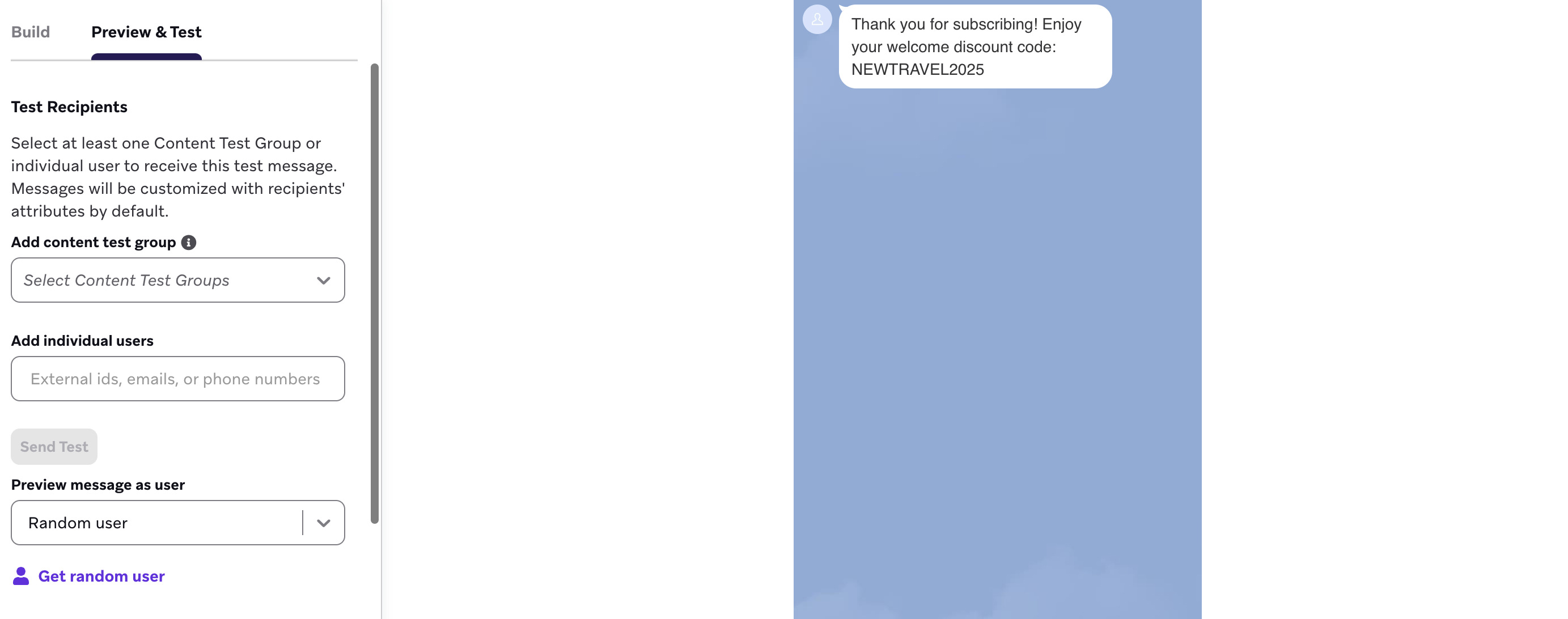 The "Tests" tab displaying a preview of a test message.