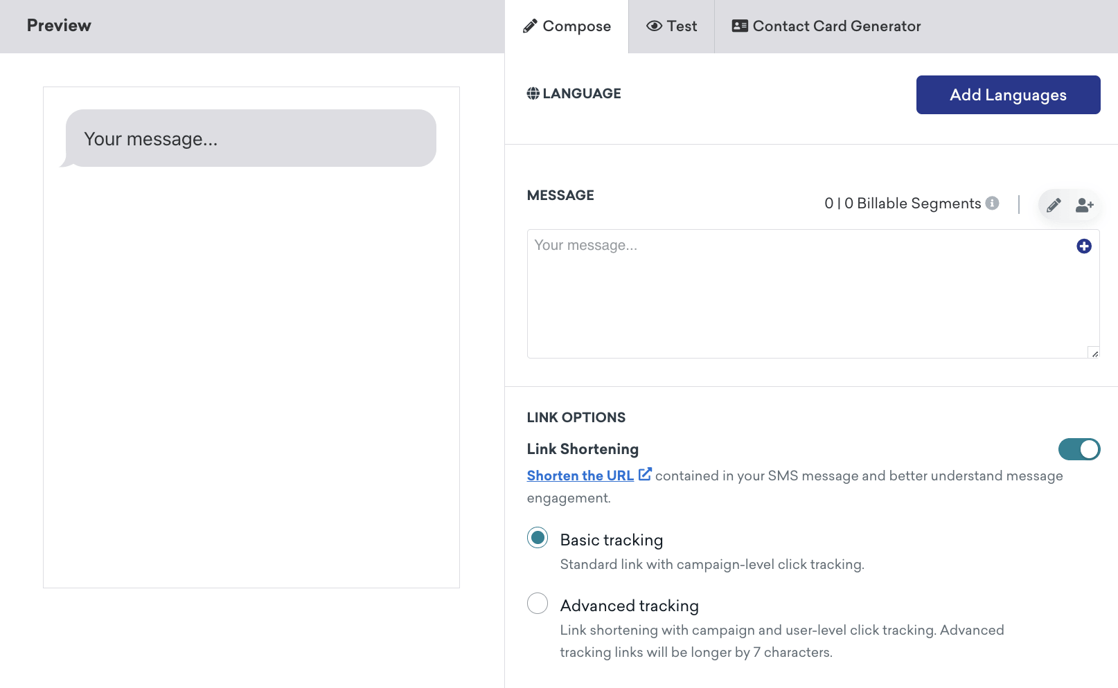Message composer with a toggle for link shortening.