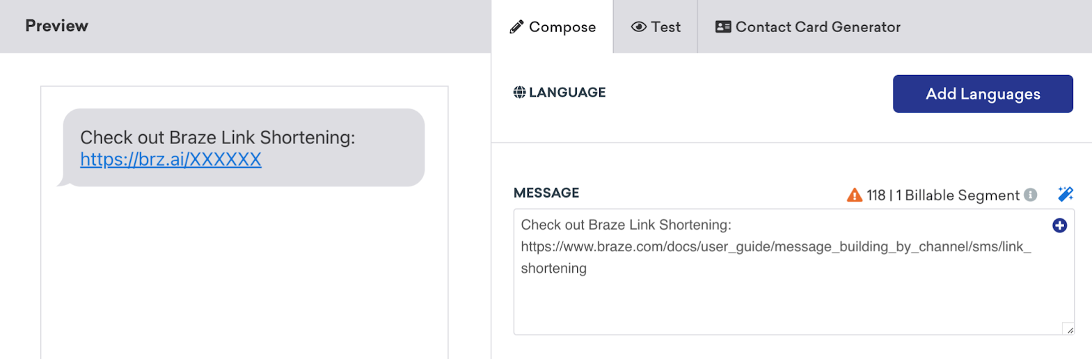 Message composer with a long URL in the "Message" box and a generated shortened link in the preview.