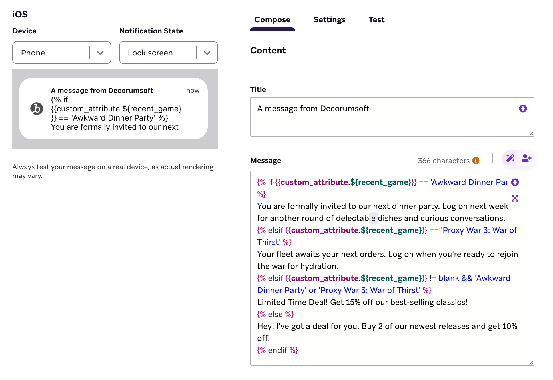 A push notification composer with the full Liquid code from the tutorial.