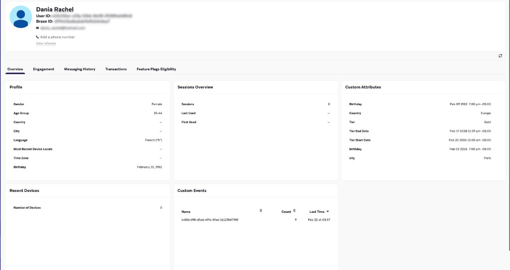 Braze user profile overview showing Profile, Custom Attributes (tier, dates, country, city), and Custom Events populated from GRAVTY® mapping.