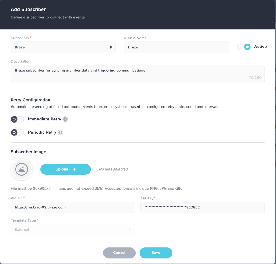 GRAVTY® Add Subscriber form with Braze selected, API URL and API key fields, and an active subscriber toggle.