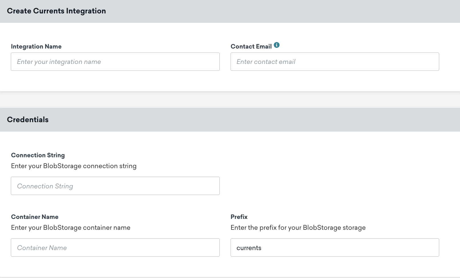 The Microsoft Azure Blob storage Currents page in Braze. On this page exist fields for integration name, contact email, connection string, container name, and prefix.