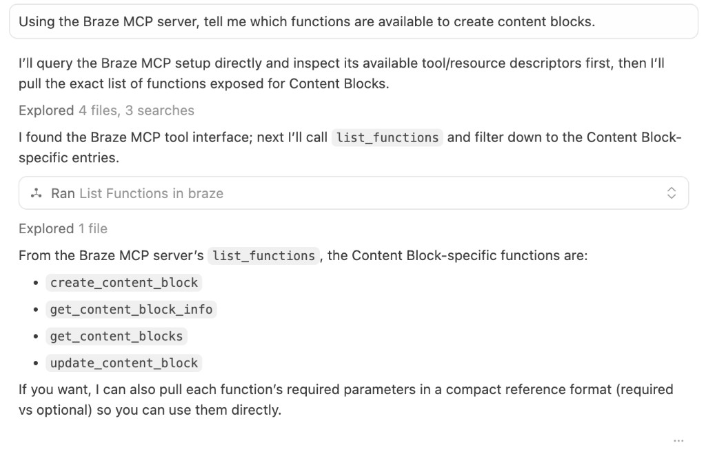 'Update a content block' being asked and answered in Cursor.