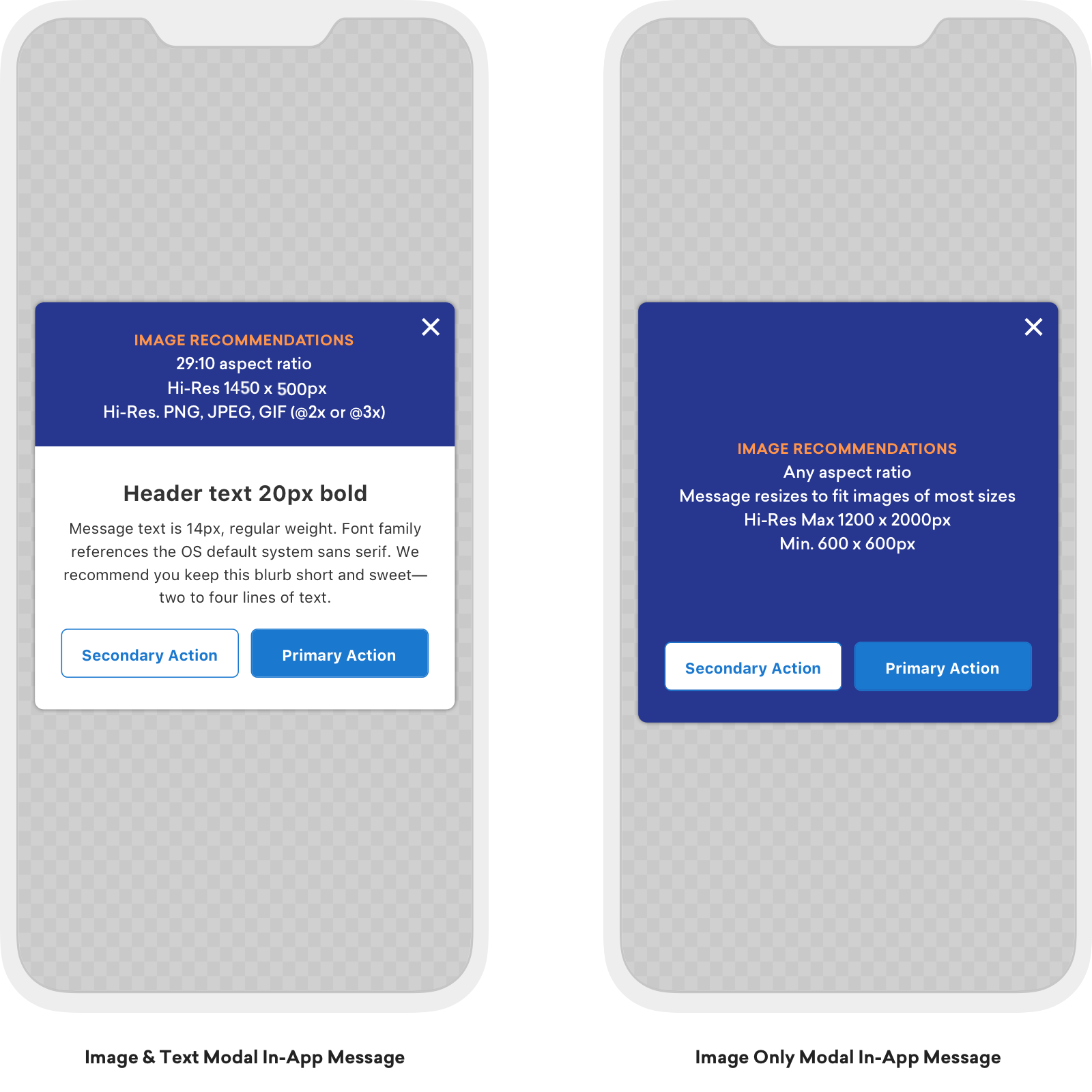 Two modal in-app messages side-by-side, detailing the image and text recommendations. See following sections for details.