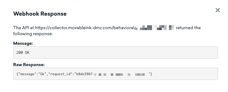 Webhook response message in Braze showing a 200 OK response.