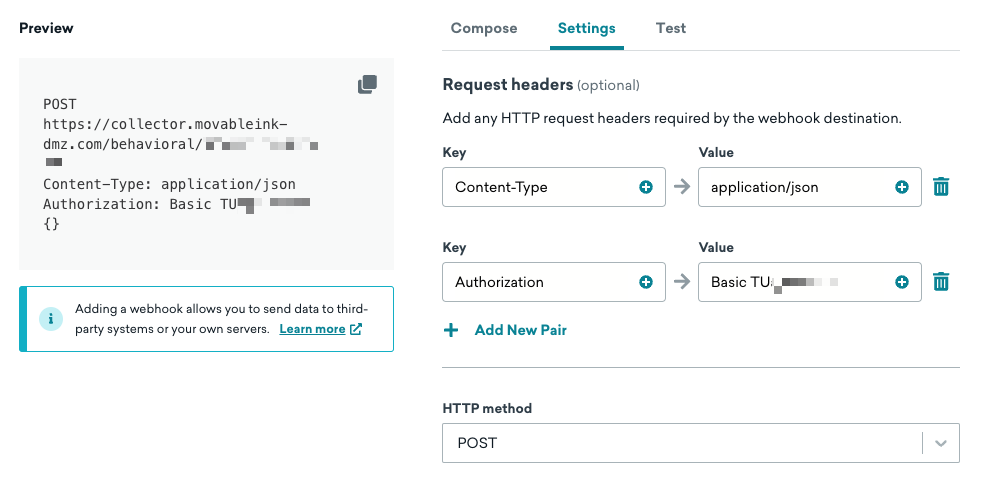 Settings tab of the webhook composer in Braze with key-value pairs for Content-Type and Authorization.