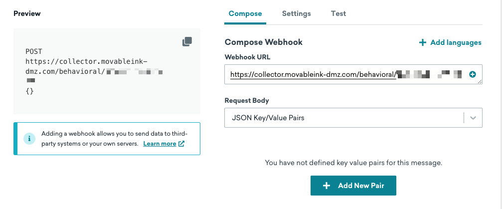 Compose tab of the webhook composer in Braze with the Movable Ink endpoint URL and Request Body set to JSON Key/Value Pairs.
