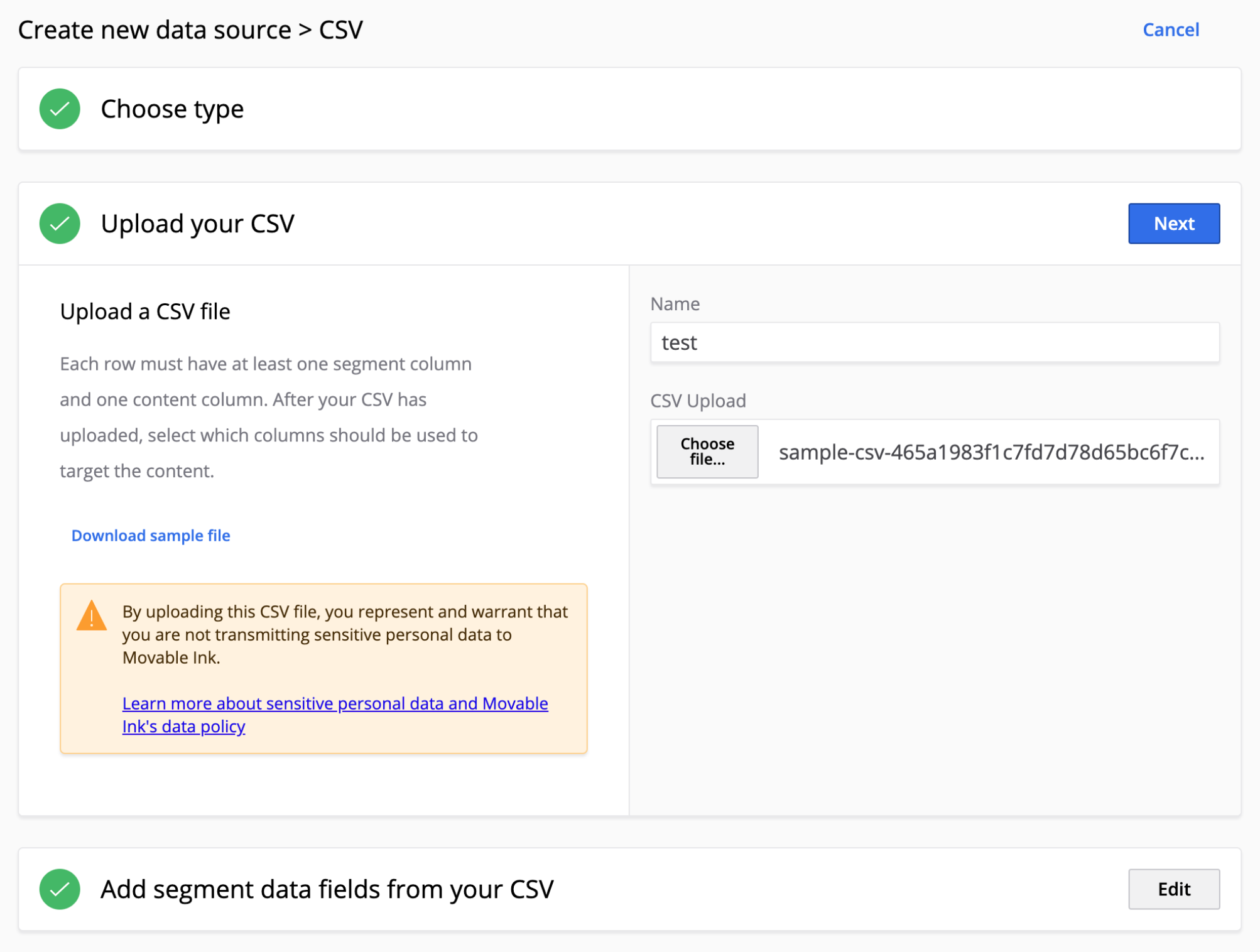 The fields that will show up when selecting "CSV" as your data source.