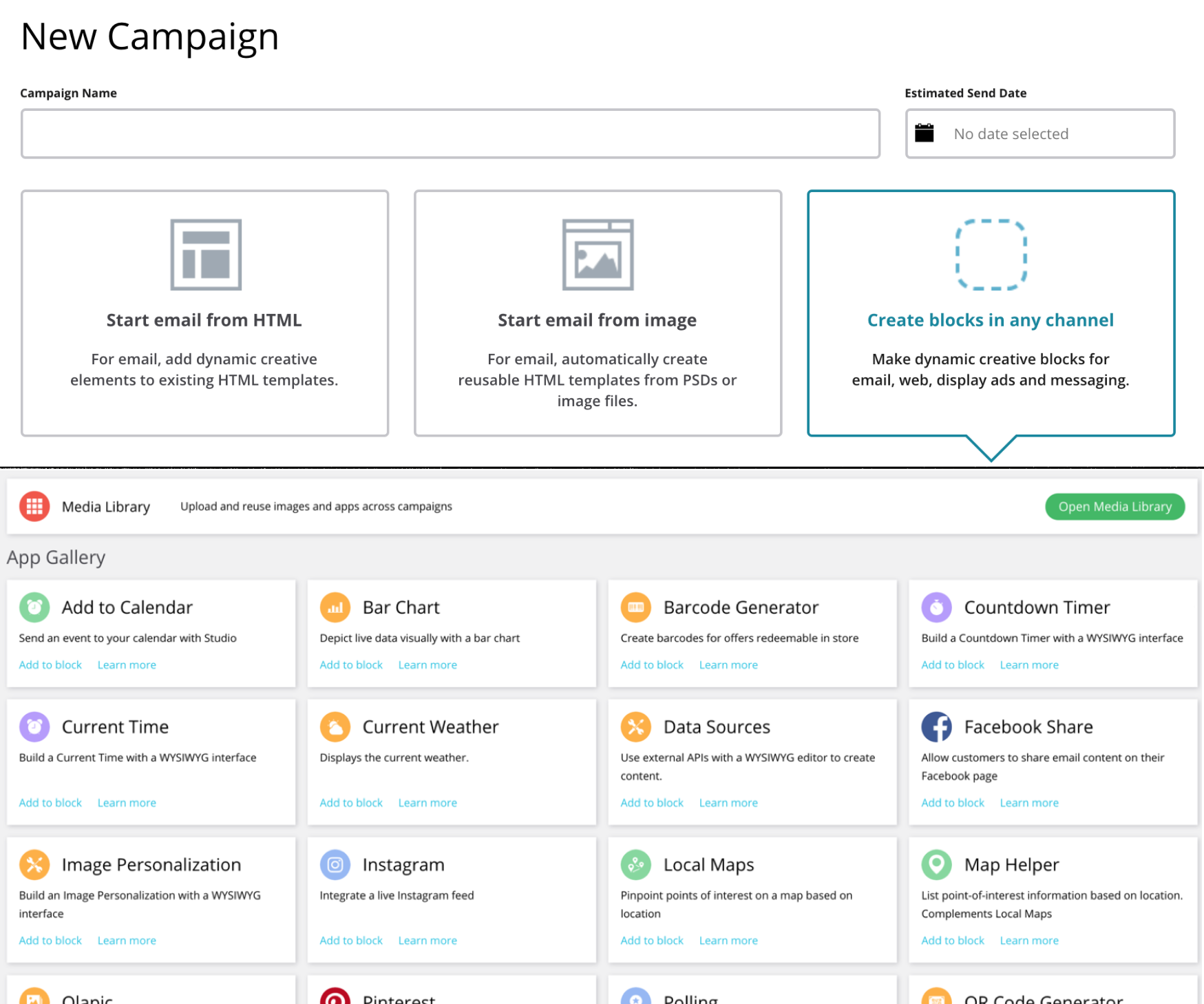 An image of what the Movable Ink platform looks like when creating a new Movable Ink campaign.