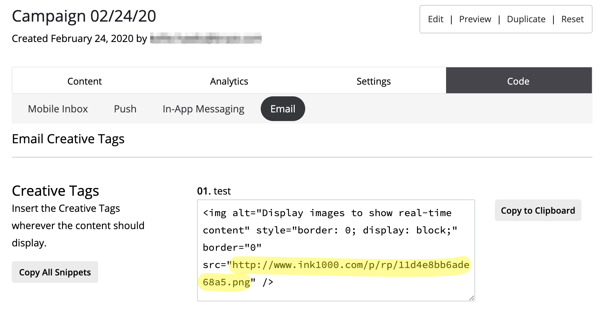 The page that appears after you have completed your Movable Ink campaign, here you find your content URL.