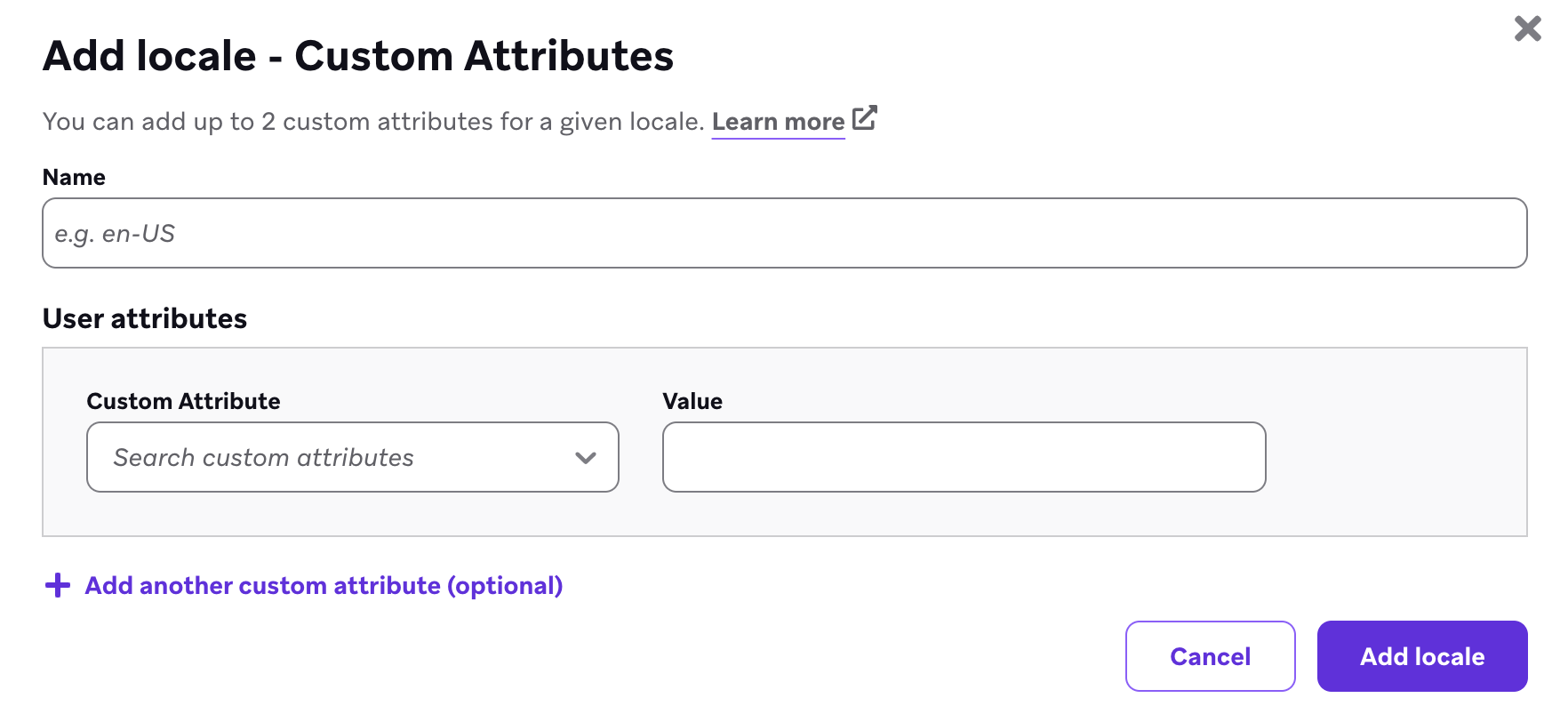 A window called "Add locale - Custom Attributes" to specify the custom attribute and value.