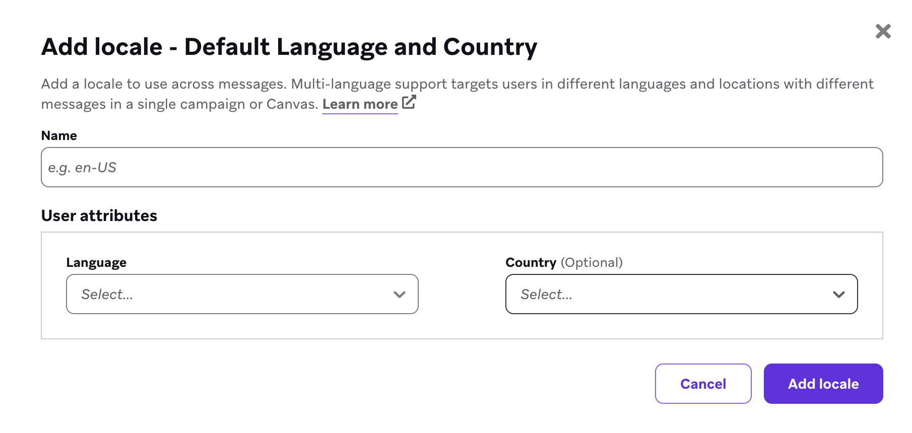 A window called "Add locale - Default Language and Country" to specify the language and country.