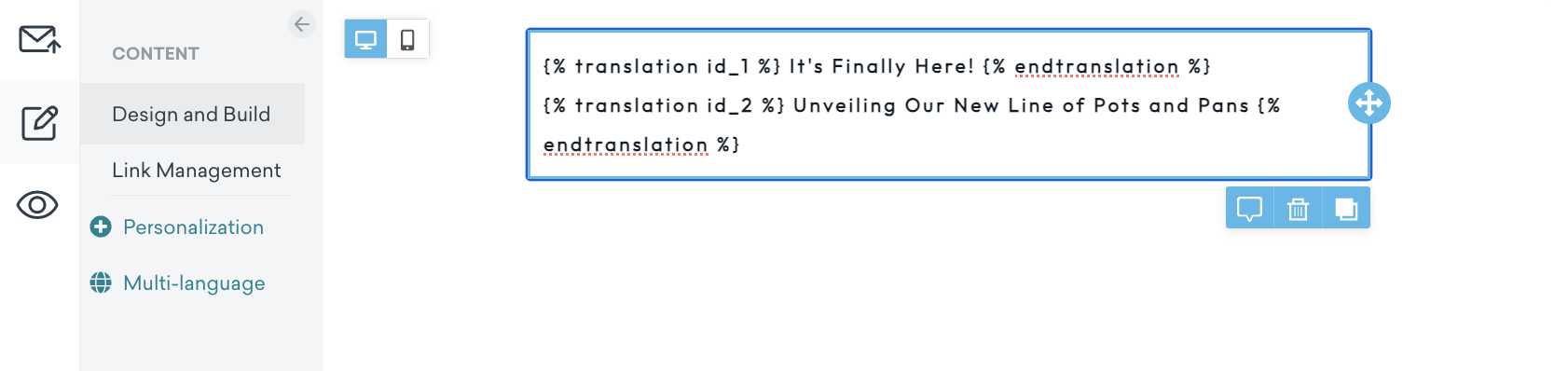 Drag-and-drop editor with two translation IDs.