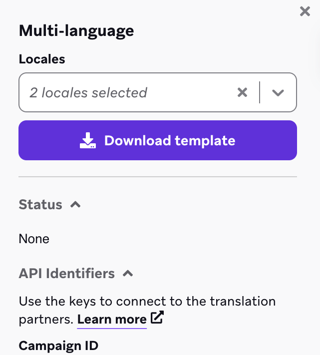 "Multi-language" panel with button to download the template.
