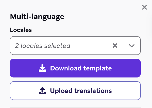 "Multi-language" panel with buttons to download the template and upload translations.