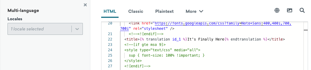 HTML editor with one selected locale.