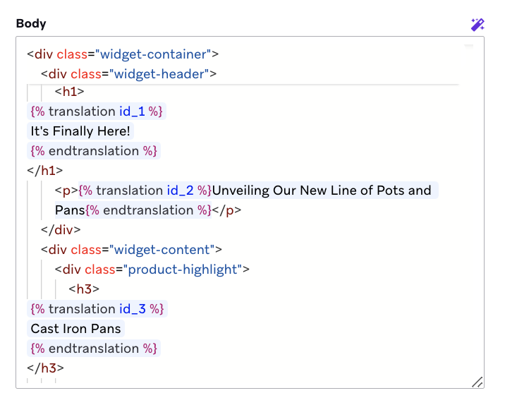 Traditional editor with translation IDs.