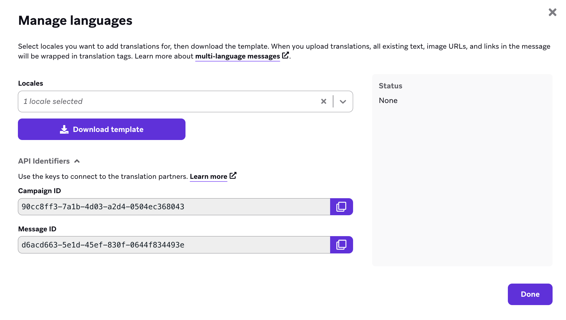 "Manage languages" modal with one selected locale.
