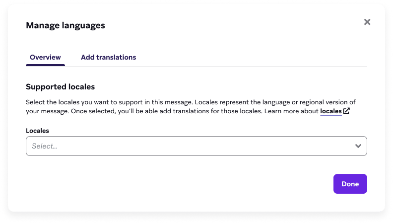 The Add locale dropdown with options to select the default locale or custom attributes.
