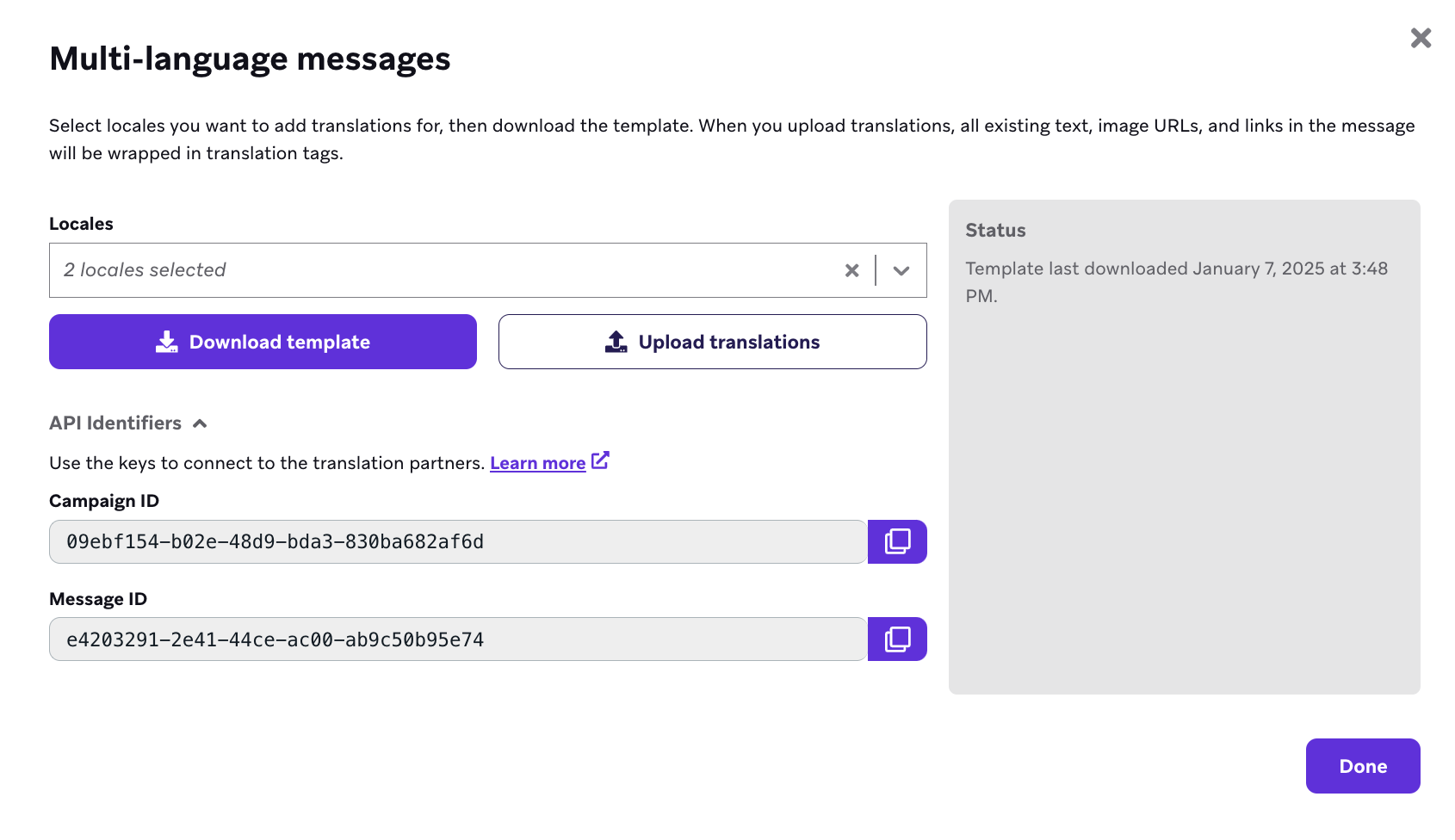 The "Multi-language messages" window with two locales selected and buttons to download a template or upload translations.
