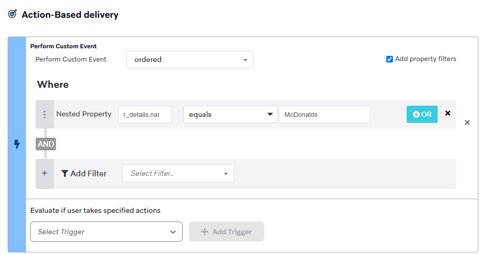 A user adding the property filter r_details.name is McDonalds for a custom event