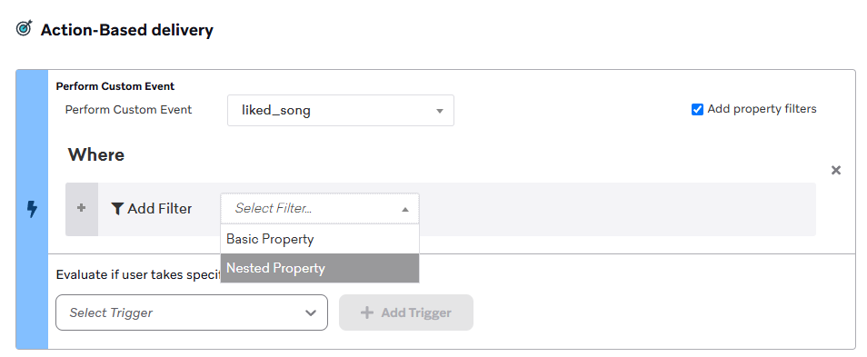 A user choosing a nested property for property filters on a custom event