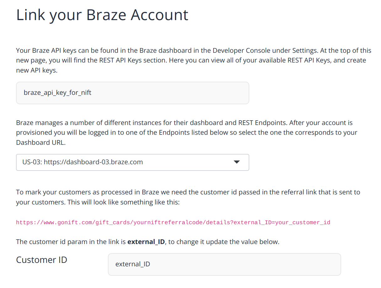 "Nift service integration page prompting the user for the Braze API key and Braze dashboard URL.