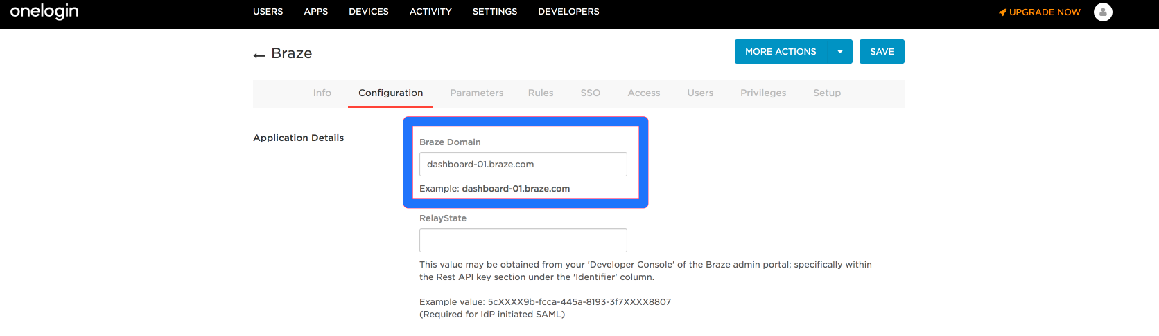 OneLogin Configuration tab for the Braze app.