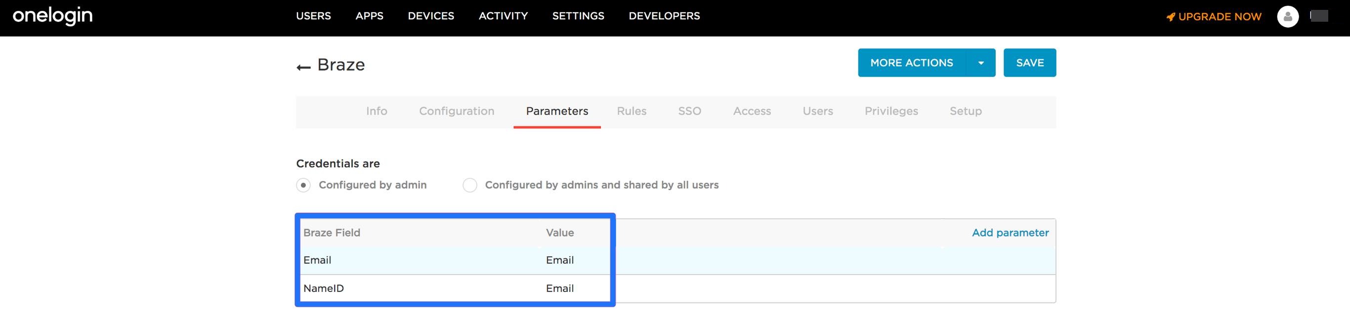 Braze SAML parameters in OneLogin.