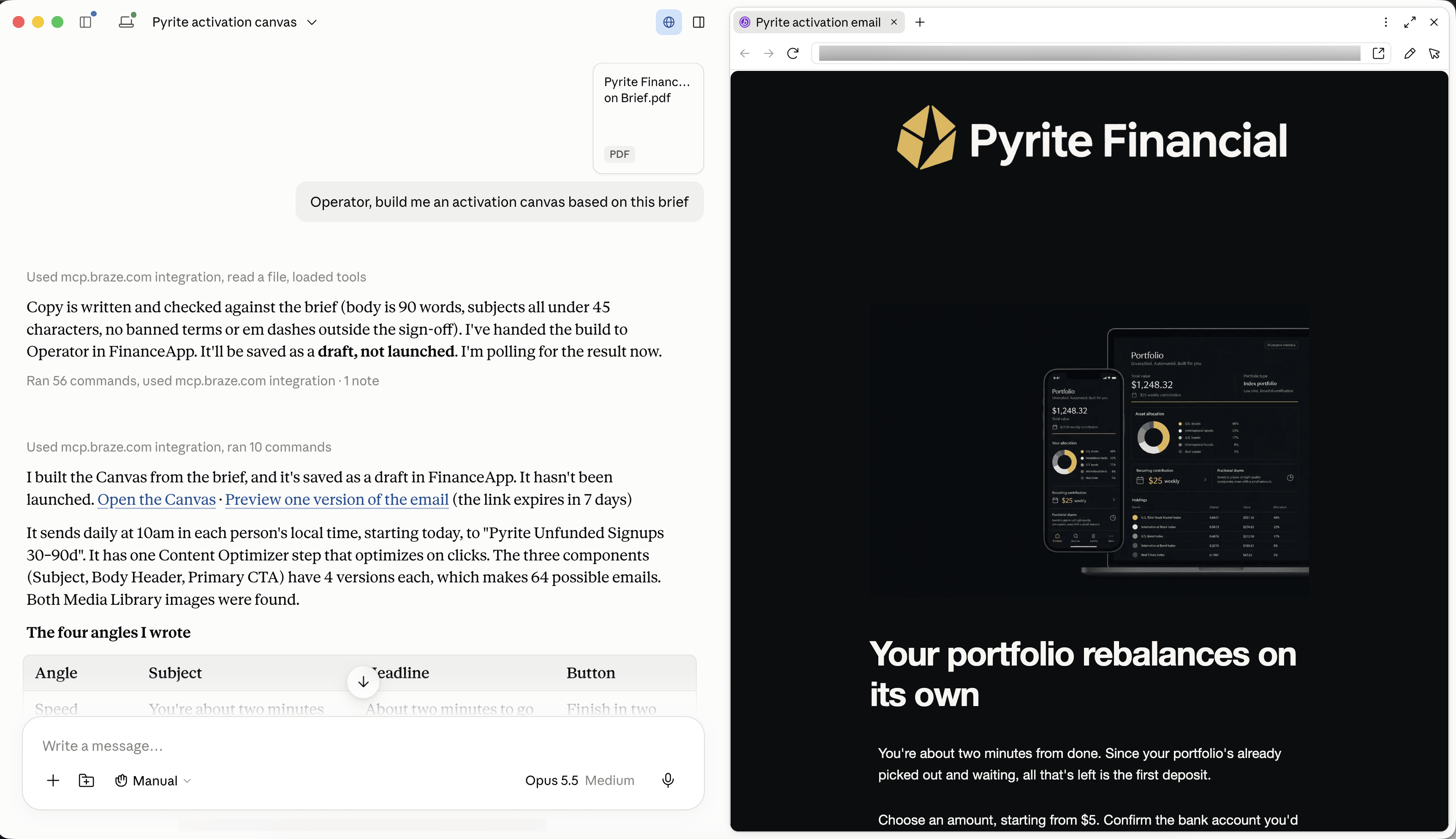 An AI chat session where Operator Connect finds the FinanceApp workspace and Pyrite Unfunded Sign-ups 30 to 90 day segment, then creates a Canvas. A preview of an email version in the Canvas is displayed to the side.