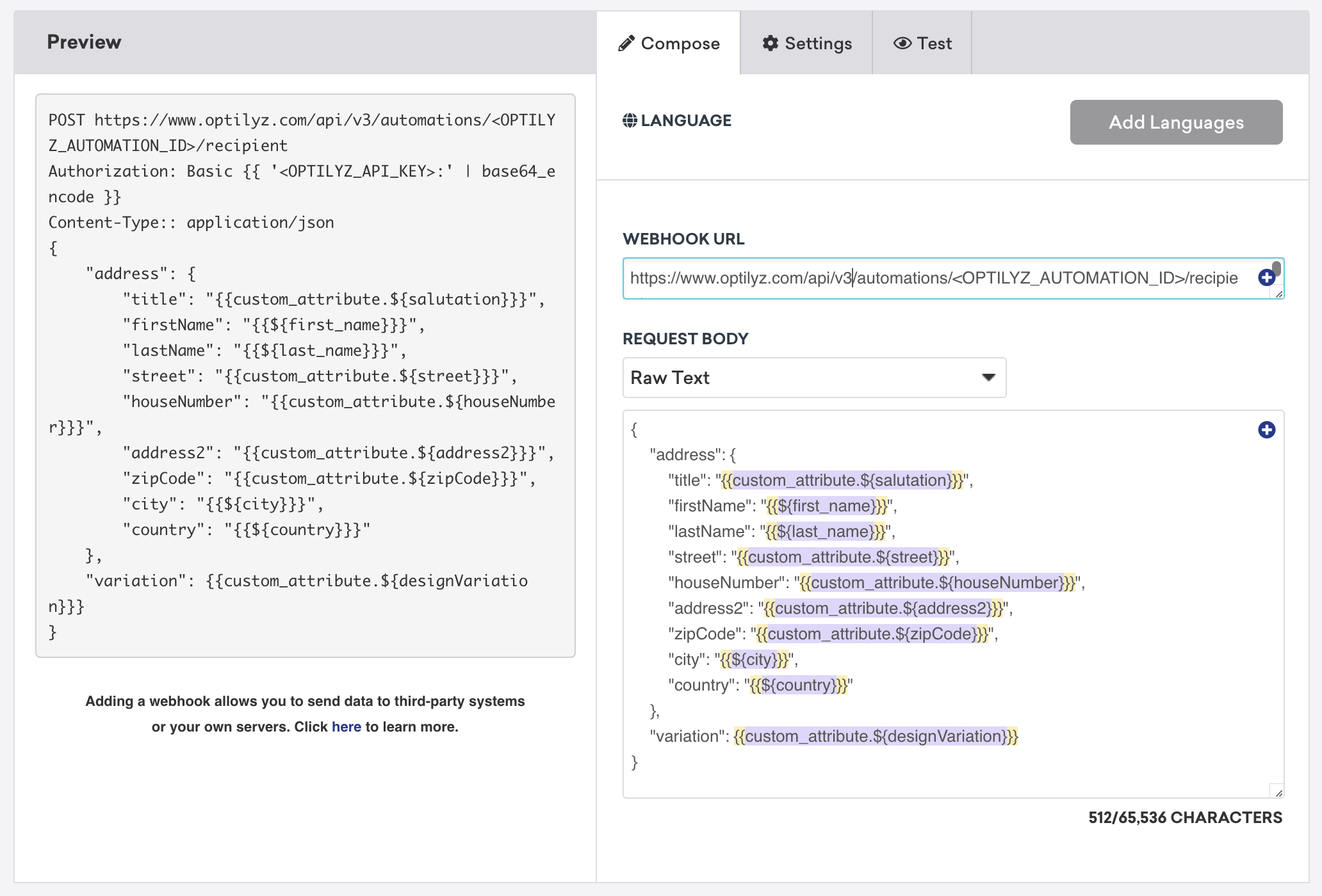 An image of the request body code and webhook URL shown in the Braze webhook builder compose tab.