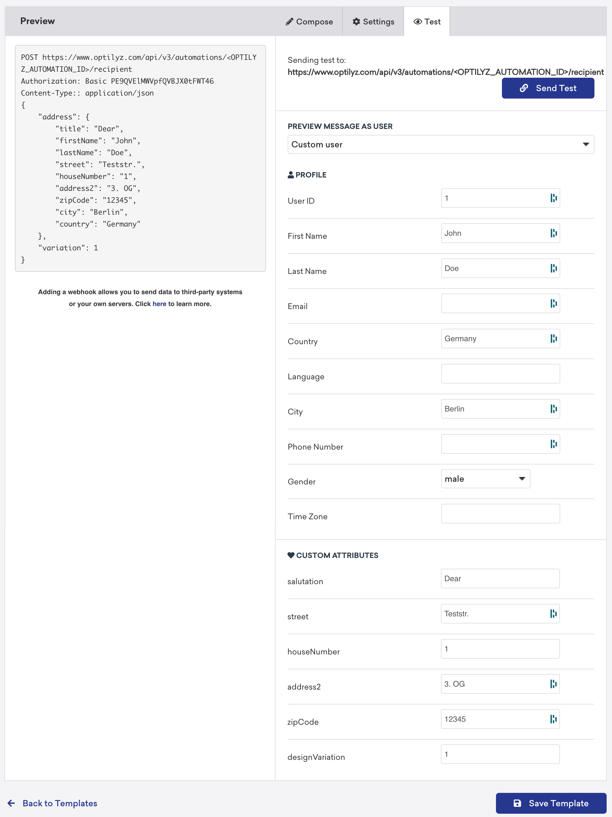 Different testing fields available in the test tab of the Braze webhook builder.