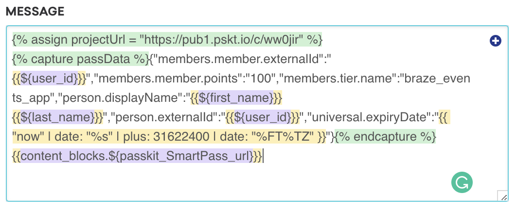 An image of the Content Block message composer with the captured JSON and Content Block reference shown.