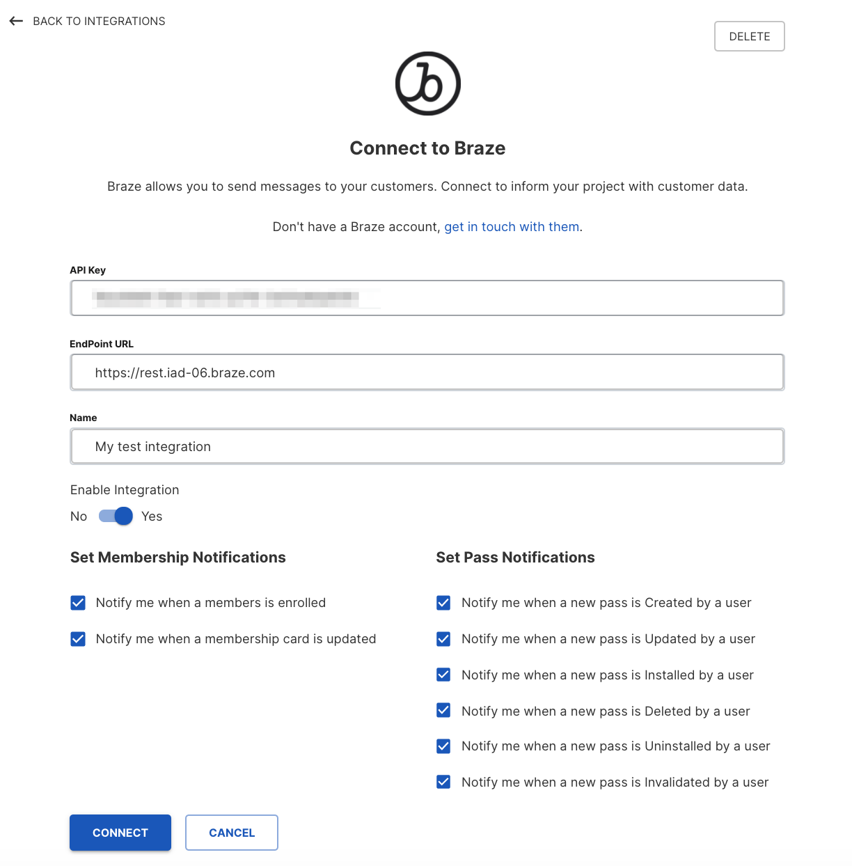 The PassKit Braze integration tile expanded to accept the API key, endpoint URL, integration name, enablement settings, membership settings, and pass settings.