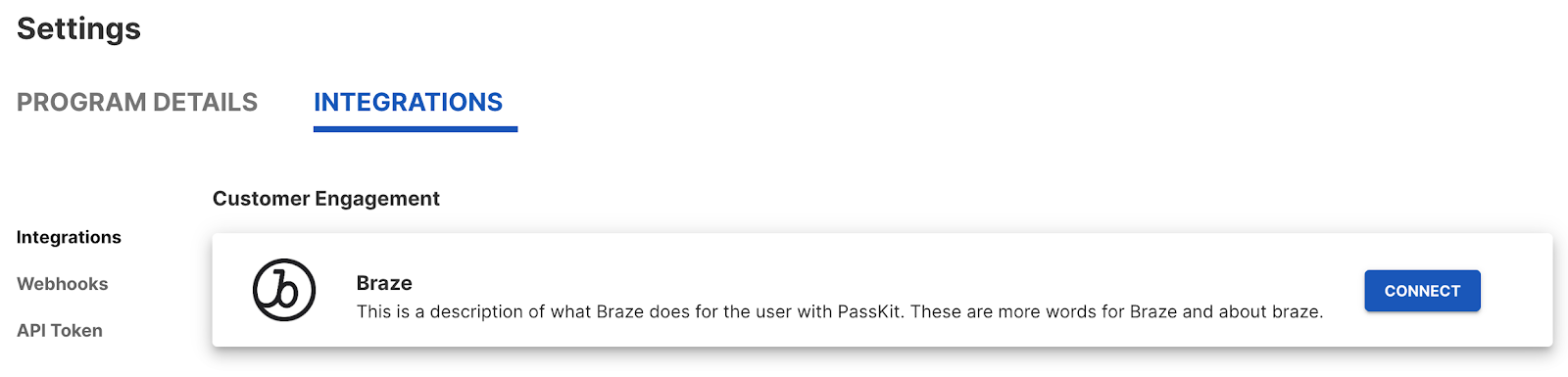 The Braze integration tile in the PassKit platform.