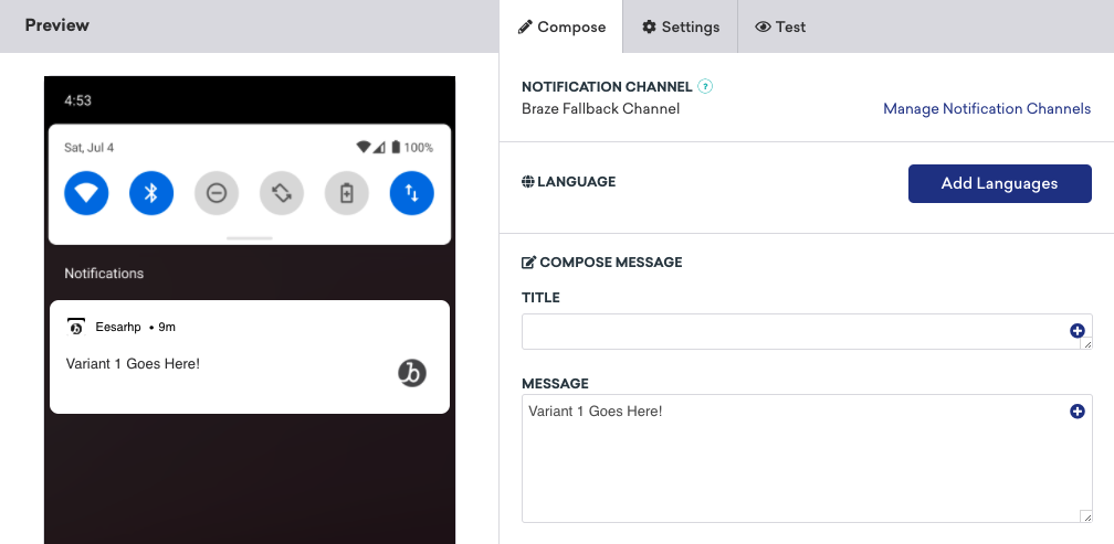 An example of what a Phrasee variant may look like if you add the entire variant into the message body.