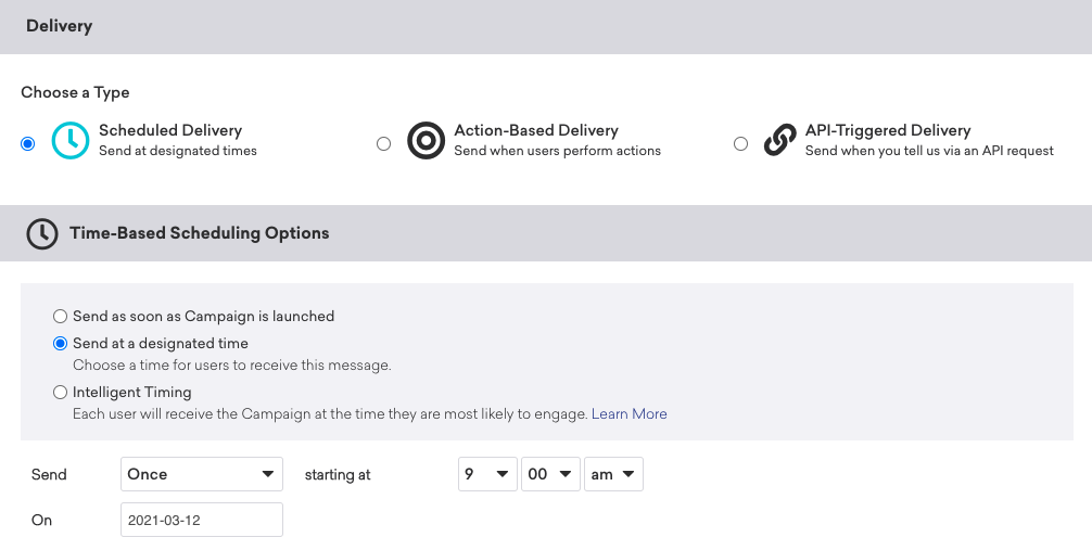 A scheduled delivery campaign sent at a designated time.