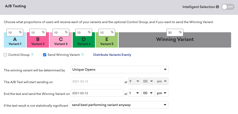 The A/B testing portion of the campaign showing how the A/B tests and control group will be split. Also shown are settings allowing you to determine the winning variant, sending information, and preferences for if the test ends up being statistically insignificant.