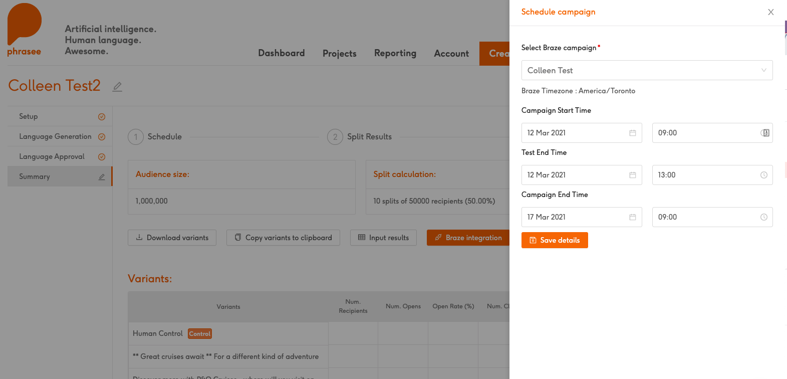 The Phrasee platform showing the schedule campaign window where you can adjust the send settings.