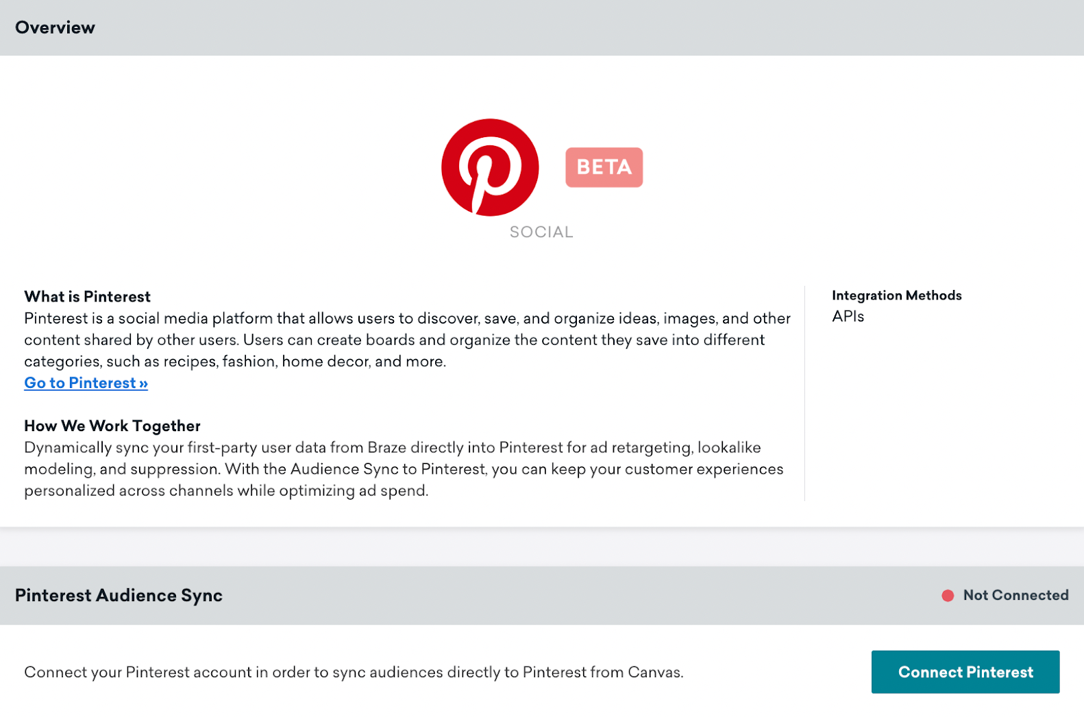 Pinterest technology page in Braze that includes an Overview module and Pinterest Audience Sync module with the Connected Pinterest button.