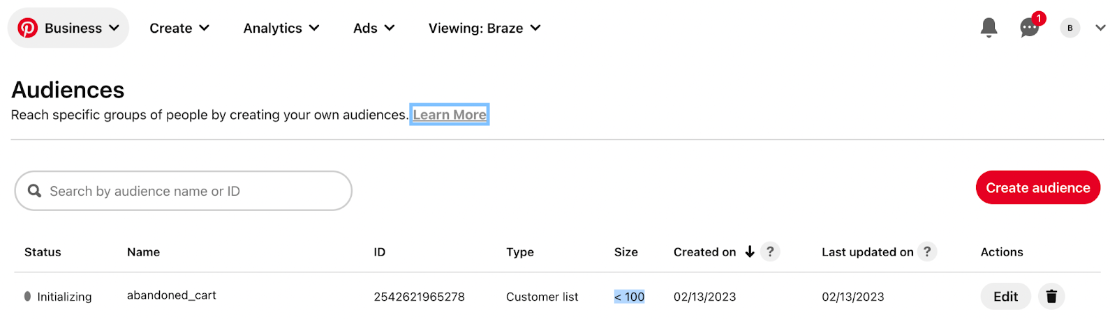 Audience details for a given Pinterest audience that includes audience name, audience ID, audience type, audience size.